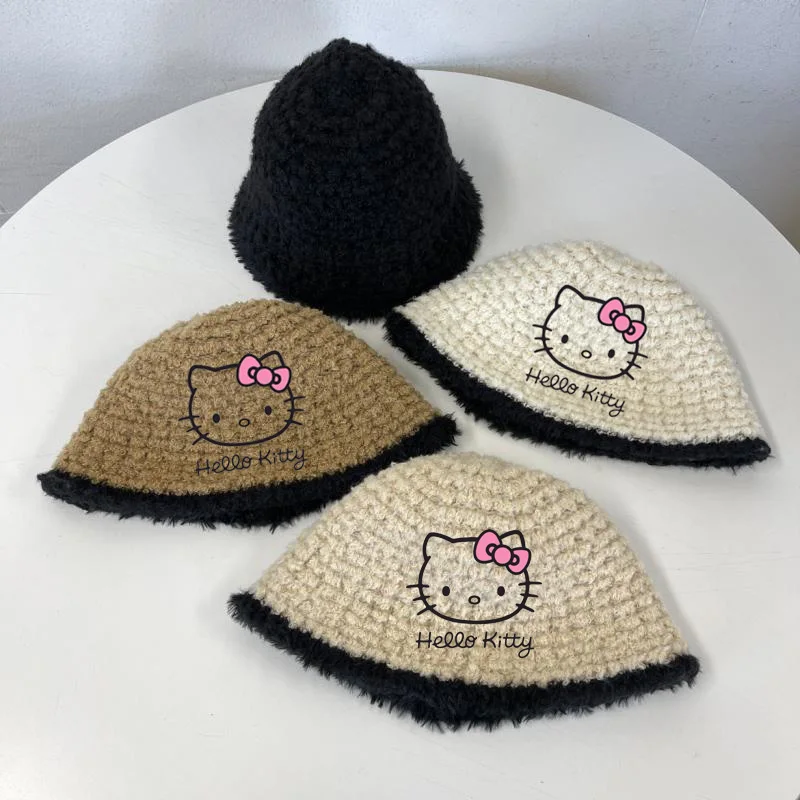 Ins Styles Hello Kitty Fashion Wool Fisherman Hat Girl Fall and Winter Simple Travel Show Knitted Lamb Down Hat Anime Plush Toy