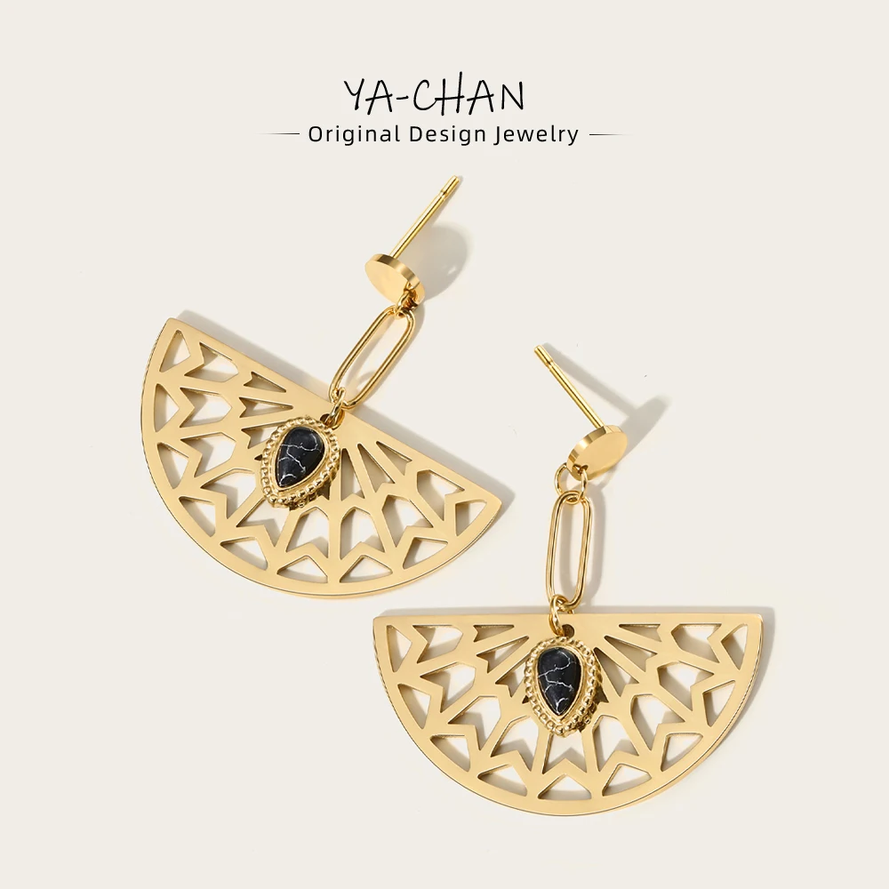 YACHAN Geometric Stainless Steel Drop Earrings for Women Black Stone Half Round Dangle Earring Trendy Jewelry