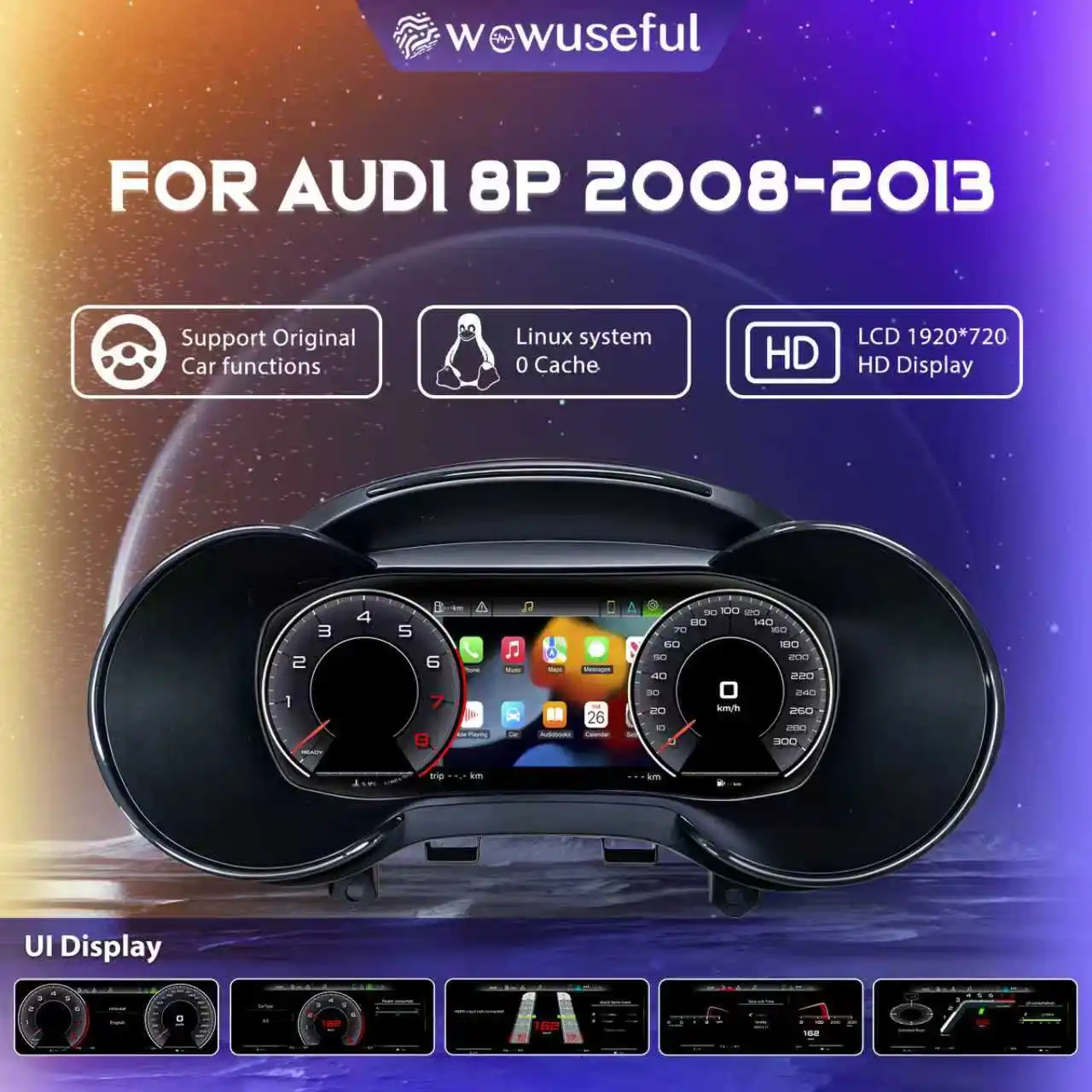Cruscotto Digitale LCD per Audi A3 8P PQ Anni 2005-2013, Pannello Strumenti Virtuale con Tachimetro
