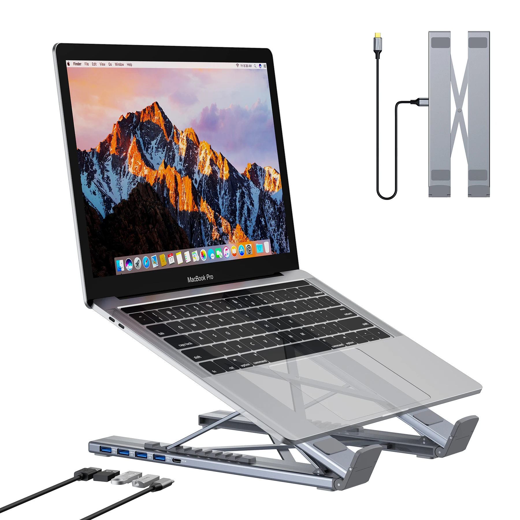 5-in-1-USB-C-Hub, verstellbarer Laptop-Ständer aus Aluminium, 4-Port-USB A 3.0 mit 5 Gbit/s Datenübertragung, USB-C-Hub-Dockingstation [Aufladen