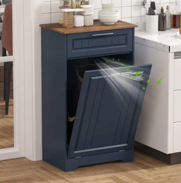 Tilt-Out Trash Can Cabinet with Deodorizing Function, Wooden Garbage Bin Rack, Laundry Hamper Cabinet