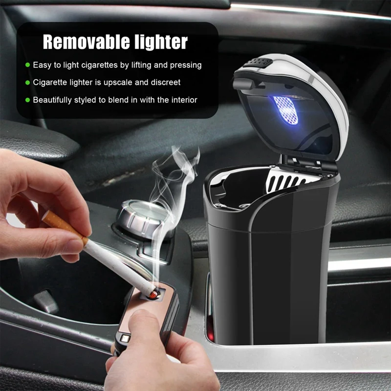 Car Ashtray With Lid, Mini Car Ashtray, Car Ash Tray Trash Can, Detachable USB Rechargeable Cigarette Lighter With LED Light