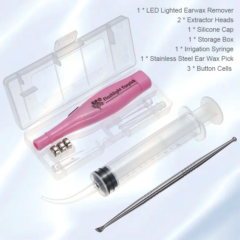 1Set Tonsil Stone Remover Tools Kit Ear Wax Remover LED Light With 3 Tips Earpick 12cc Irrigator Syringe Glowing ear scoop New