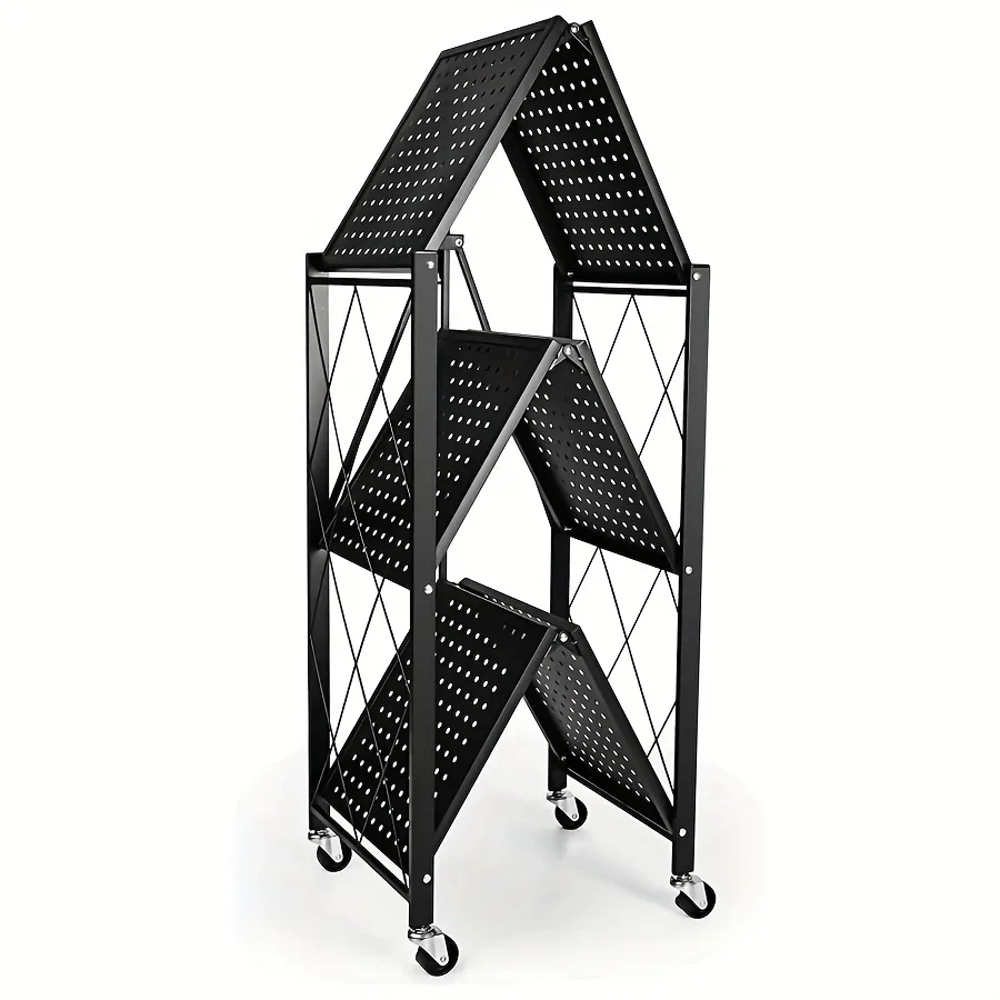

DDHOME 3-Layer Foldable Storage Rack with Wheels | High Load-bearing Capacity, Suitable for Garage and Kitchen Use, Black Iron Shelving