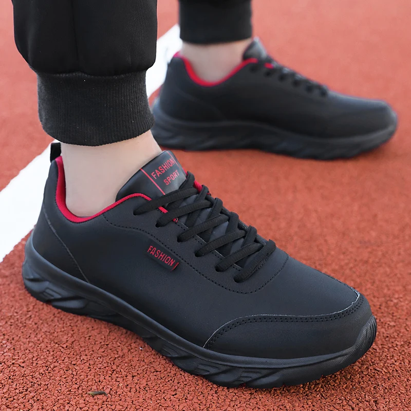 Preto tênis de corrida à prova dwaterproof água tênis de couro artificial sapatos esportivos ao ar livre dos homens leve caminhada tênis casuais para homem