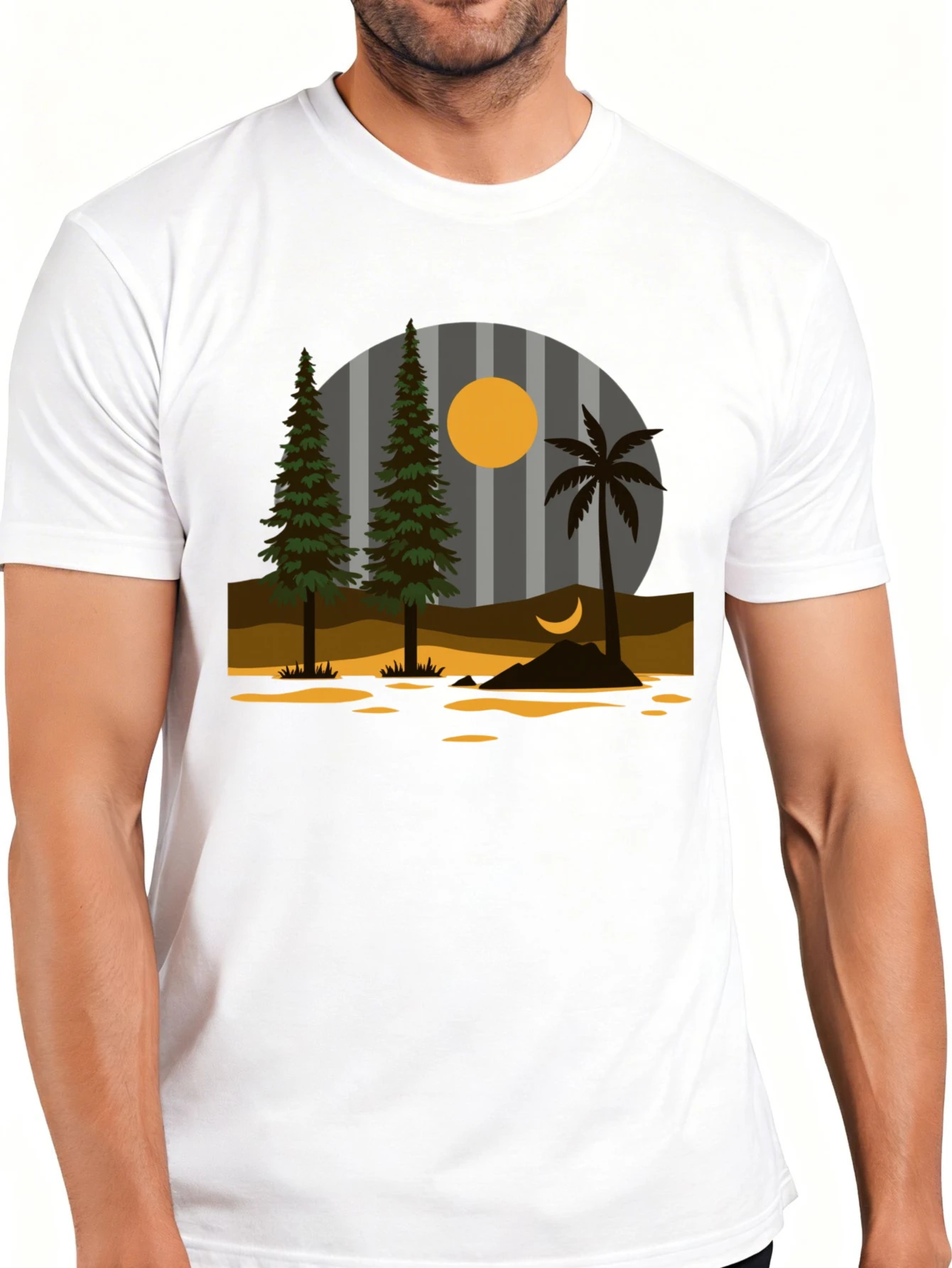 Men's Plain Graphic T-Shirt - Breathable, Soft, Lightweight - Sunset Forest Palm Moon Scenery - Vintage Fun Graphic Casual Short Sleeve Summer Top, Gift for Him