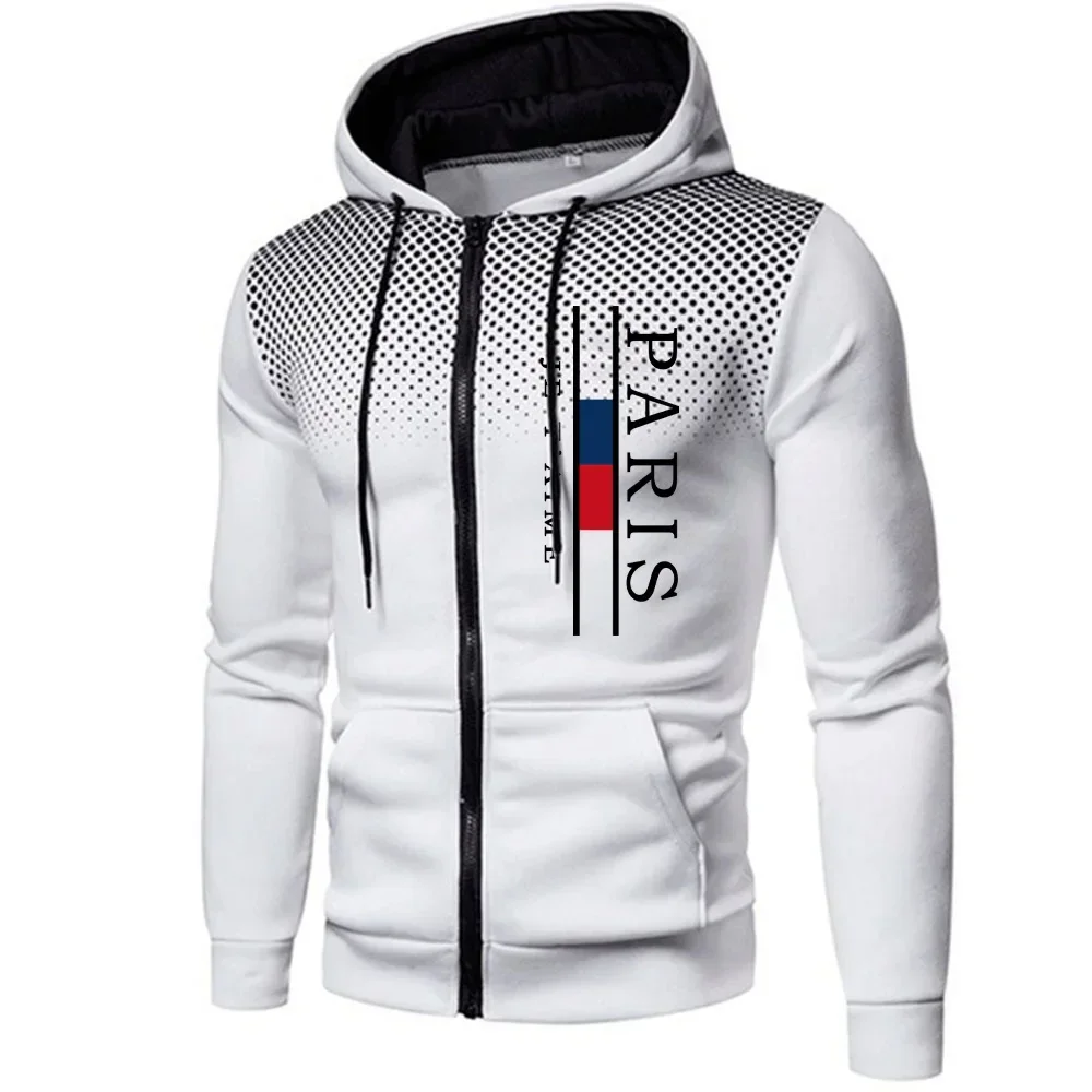 Paris Printing Mens Jackets Casual Zipper Hooded Coat Outdoors Sports Jogging Mens Clothing Autumn Winter Round Dot Sweatshirts