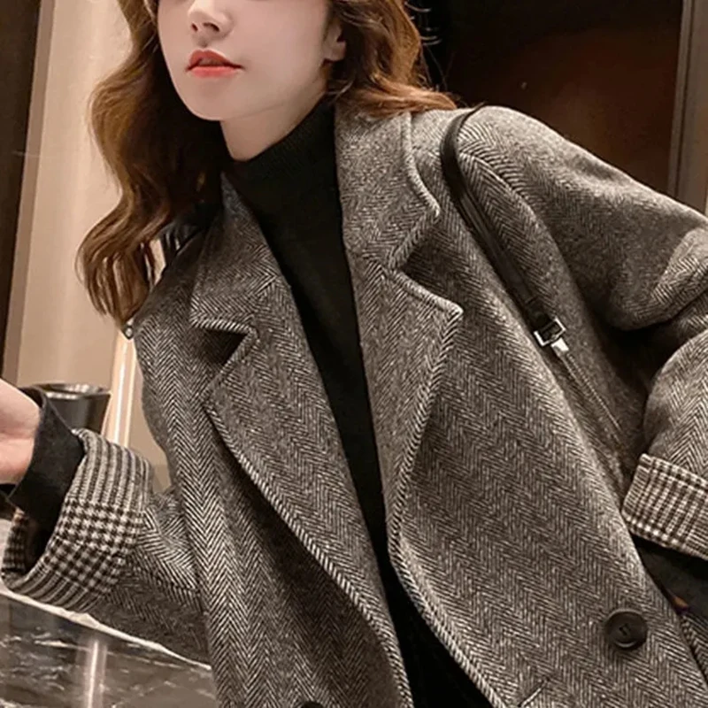 Gidyq Woll blazer Mantel Frauen koreanische lässige Single Button Tweed Anzug Vintage Chic Langarm Büro Dame Jacke Herbst Winter