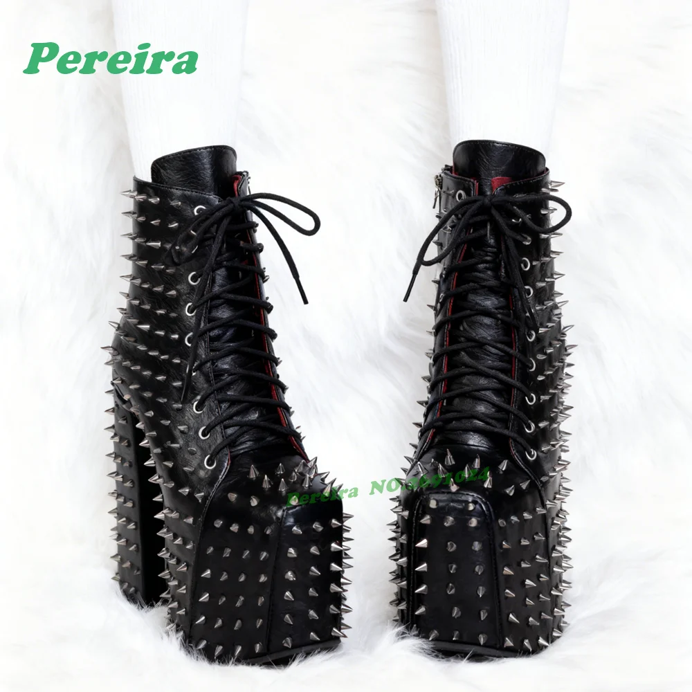 

Готические панк-сапоги с шипами, женские ботильоны на платформе с круглым носком и боковой молнией, черные глянцевые ботильоны 2026, новая обувь в готическом стиле