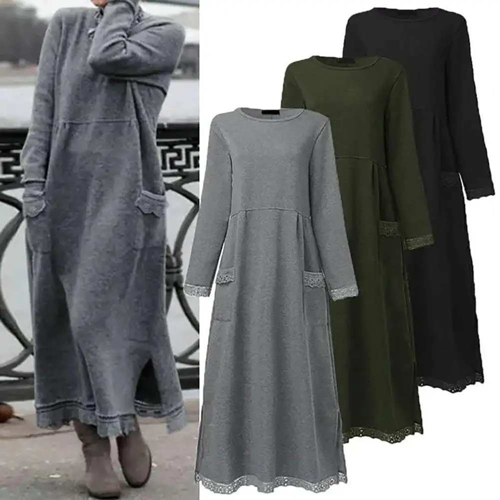 Popular Winter Dress Pockets Warm Skin-touch Fall Winter Pure Color Casual Sweatshirt Long Dress