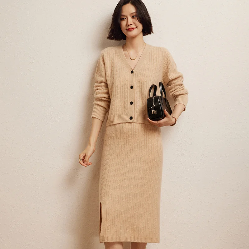 Fashion Suit Autumn Winter 100% Cashmere Knitted Sweater High Quality Women Cardigan And Skirt Two-Piece Female Girl Clothing