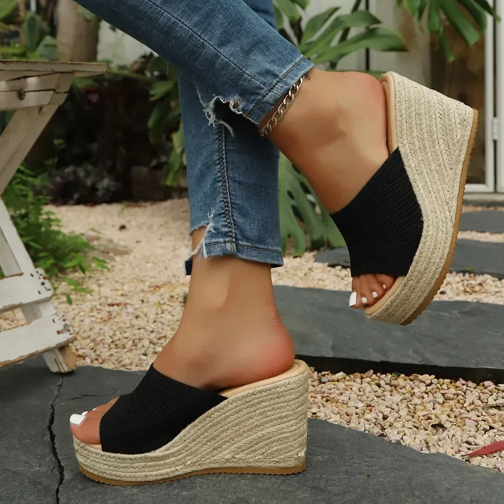 Women Espadrille Wedge Slippers Open Toe Knit Platform Mules Summer Jute Woven High Heel Sandals Slip On Beach Slides view 5