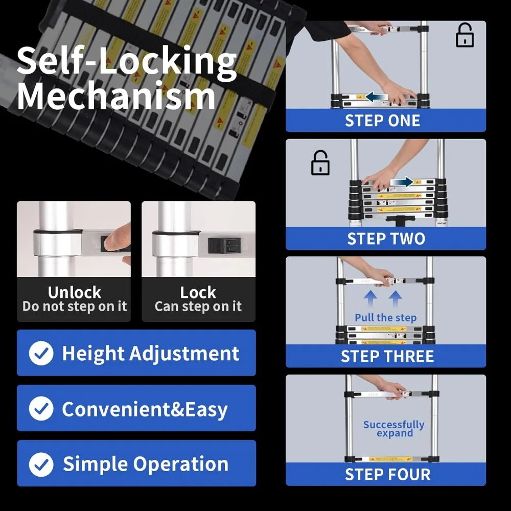 Scala telescopica, scala di estensione da 8.5 piedi, scala telescopica leggera in alluminio con 2 stabilizzatori triangolari, telescopica