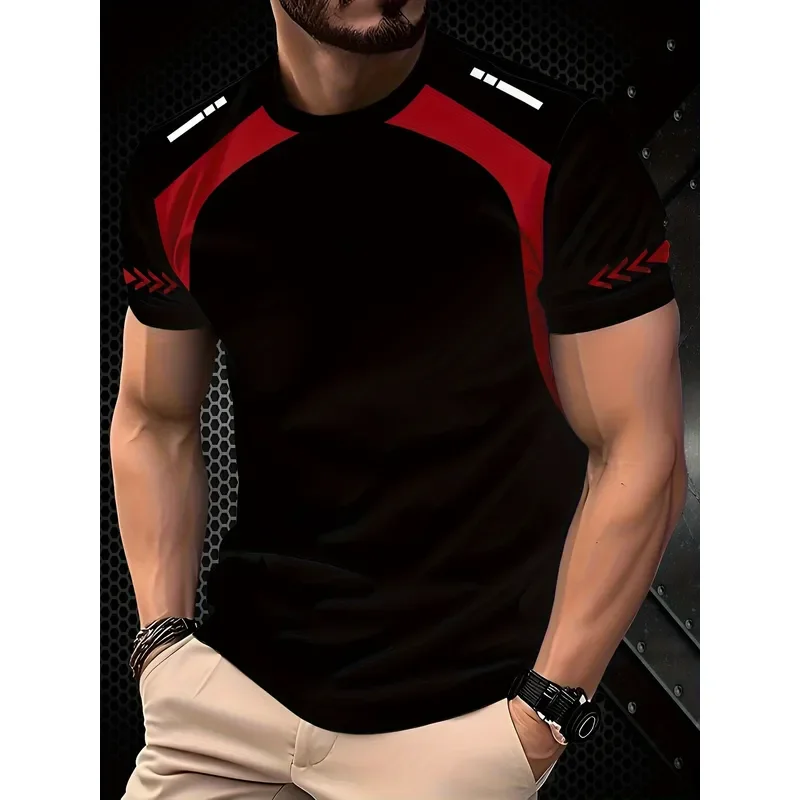 Image of Herren 3D-Druck Kurzarm-T-Shirt, stilvolles Schwarz mit roten Akzenten, Rundhalsausschnitt, weiches Polyester, maschinenwaschbar, für alle Jahreszeiten geeignet.
