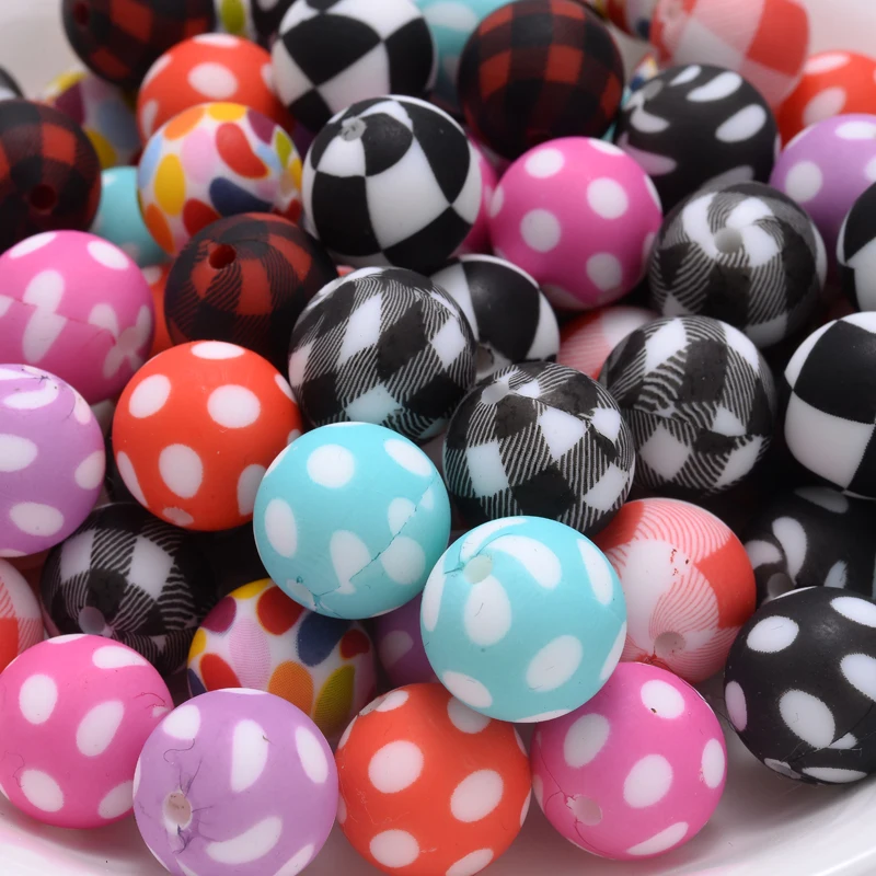 10Pcs Colorful Print Silicone Beads 15mm Round Teether Jewelry Beads For Necklace Bracelet DIY Baby Teether Toy Pacifier Chain