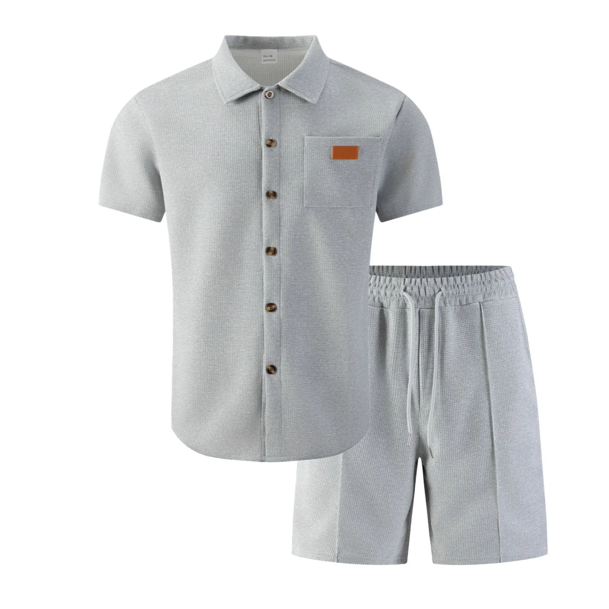 Summer New Men Waffle Knit Polo Solid Color Lapel Short Sleeve Cardigan Shirt Pocket Shorts Set Casual 2 Piece Outfit For Male