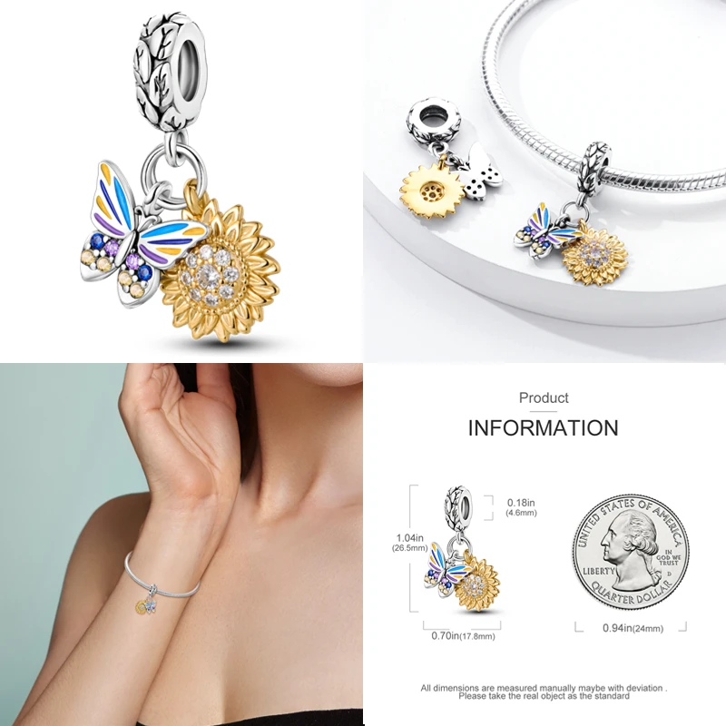 925 Sterling Silber Sonnenblume Schmetterling Blume Herz Charme passt Pandora Original Armband schön DIY mit Perlen gemacht