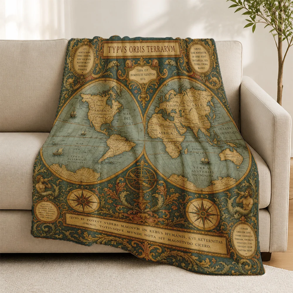 Large Vintage World Map Print Throw Blanket for Sofa Decor Academic Rustic Global Exploration Travel Home Gift Cozy Couch Throw