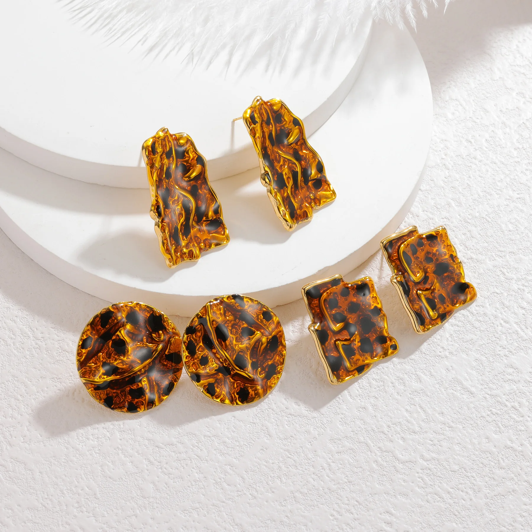 Kissmoon Irregular Geometric Leopard Print Brown Retro-style Artistic Stainless Steel Earrings for Women Party Jewelry Gifts