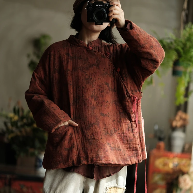 

Women Cotton Linen Casual Coats New Arrival 2025 Autumn Chinese Style Vintage Floral Print Loose Female Thick Warm Jackets M1857