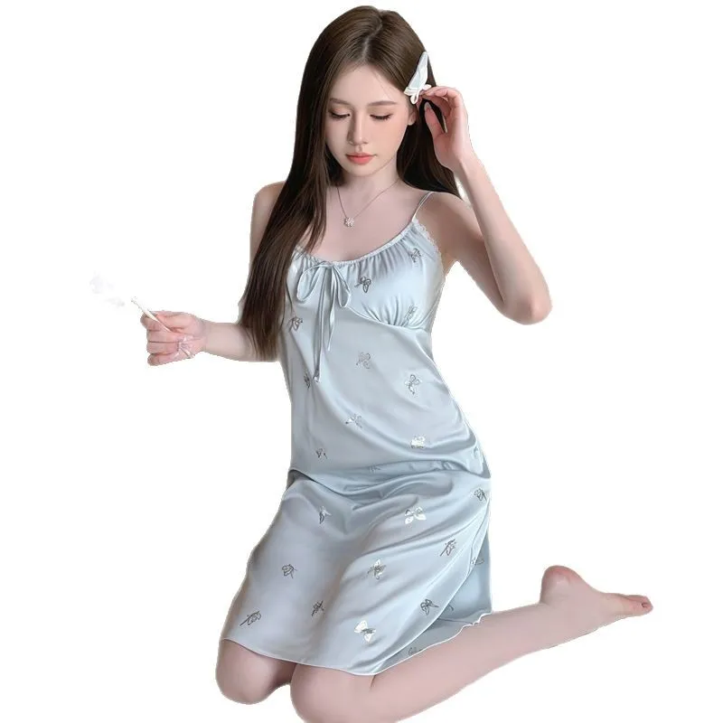 

Ice Silk Sexy Nightdress Women's Suspenders Summer Pure Desire Wind Version with Chest Pad Girls Short Skirt Loungewear Pajamas