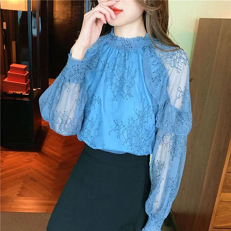 Female Clothing Sweet Ruffles Spliced Blouse Spring Autumn Half High Collar Stylish Shirring Printed Commute Long Sleeve Shirt