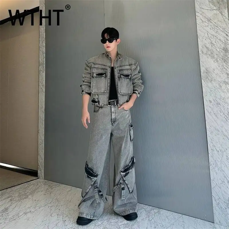 

WTHT Fashion Men's Suit Solid Color Stand Collar Zipper Denim Coats Casual Bandage High-waisted Wide Leg Jeans Set Male 2A0601