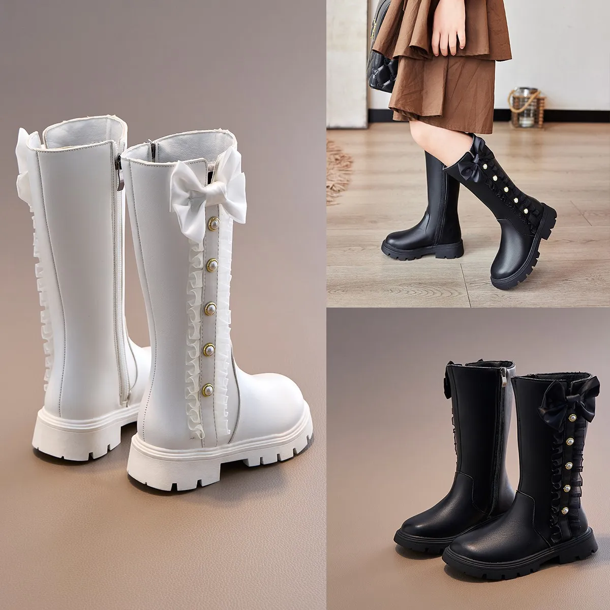 Botas altas acolchadas para niñas de 4 a 16 años, zapatos de algodón con perlas y lazo Beige, botas de cuero antideslizantes de fondo suave negro para niñas