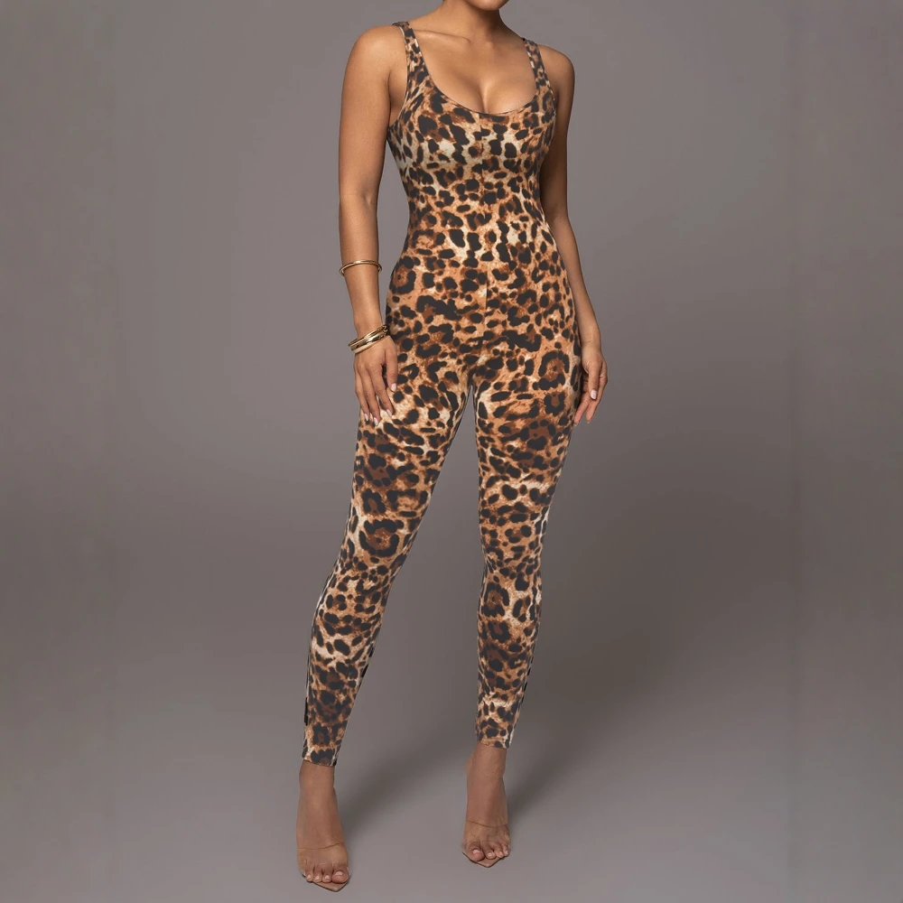 

Autumn Women's Sleeveless Scoop Neck Leopard Print Jumpsuits Slim Fit Streetwear Ankle-Length Vibe Mature Style