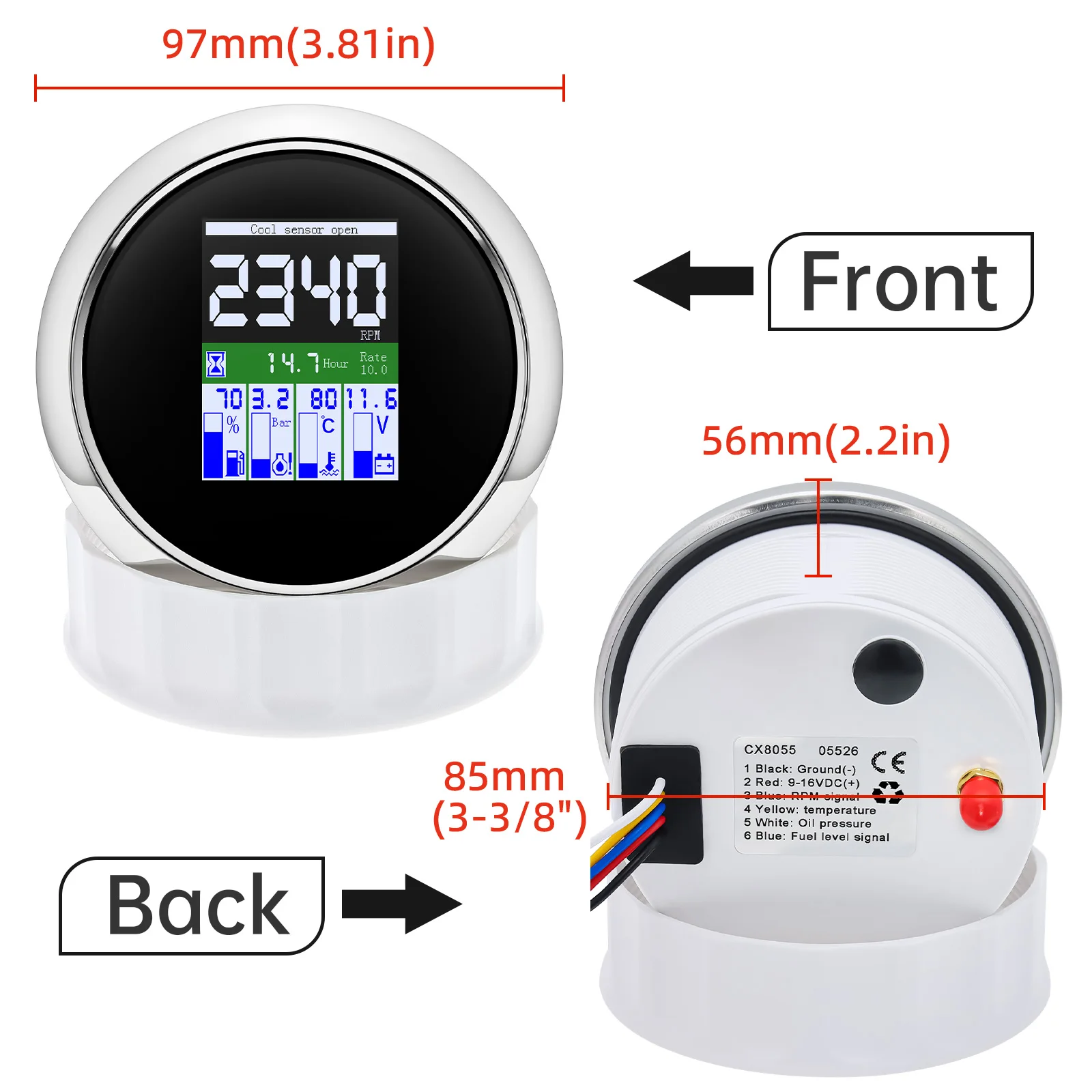 85mm 5 in 1 Gauge RPM Tachometer Oil Pressure Water Temp Meter Fuel Level Indicator Voltage Meter For Marine Boat Car 12V 24V