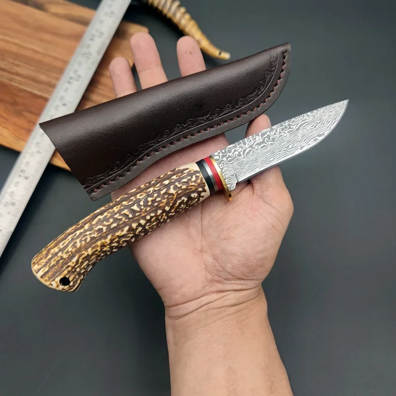 Straight Knife Outdoor Damascus Pattern Bone Imitation Handle Knife Multi functional  High Hardness pocket knife  fixed blade