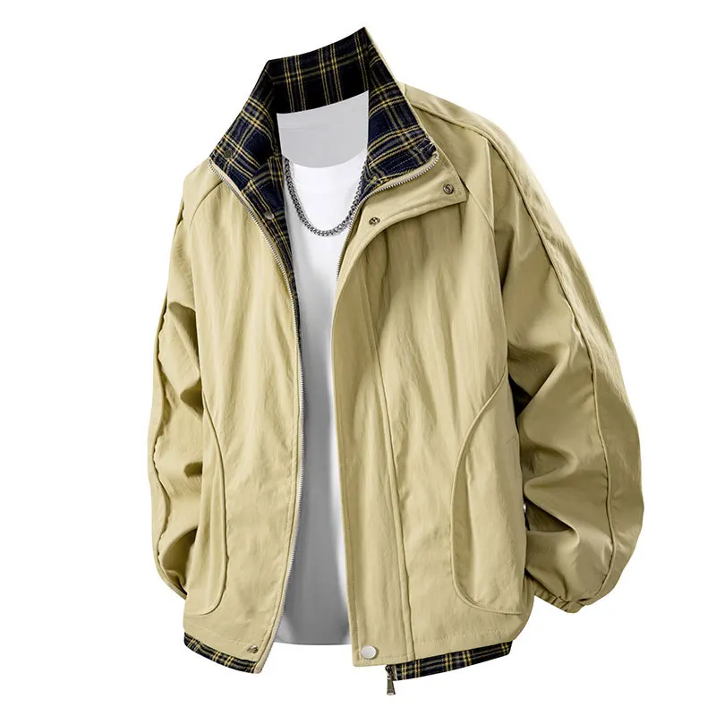 

Autumn Man Jacket Plaid Patchwork Stand Collar Versatile Male Coat Windproof Long Sleeve Zipper Outdoor Sport Men Outerwear