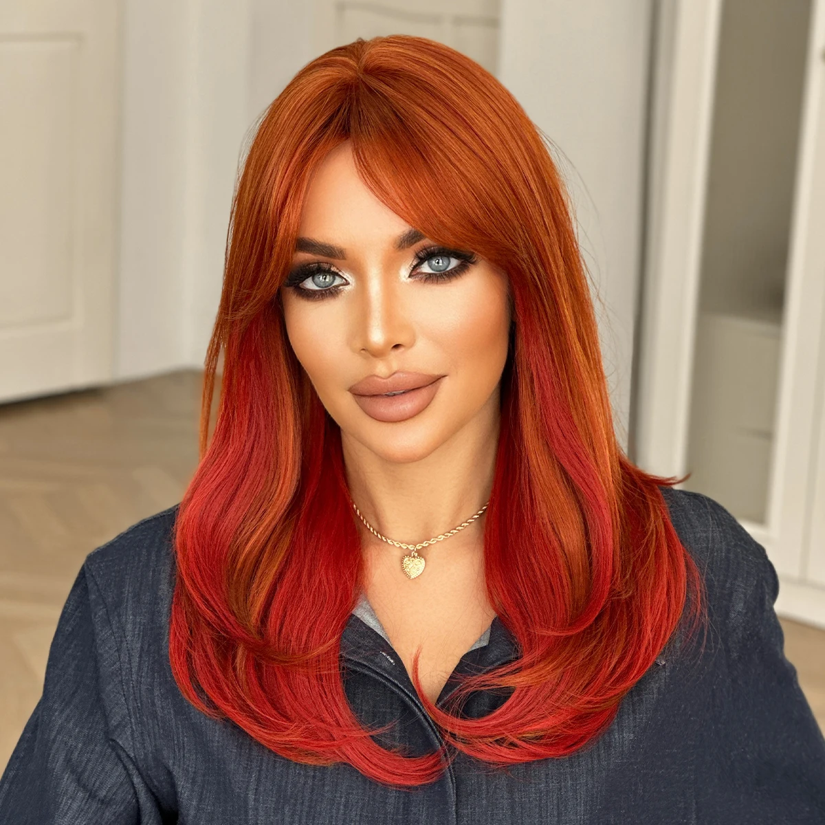 7JHH WIGS Long Straight Orange Wig for Women Modest Fashion Synthetic Middle Part Wear and Go Copper Wigs with Curtain Bangs - view 3