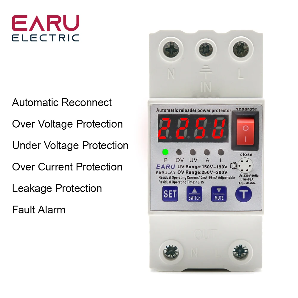 63A Automatic Reconnect Circuit Breaker Over And Under Voltage Over Current Leakage Protection Surge Protect Protector Relay