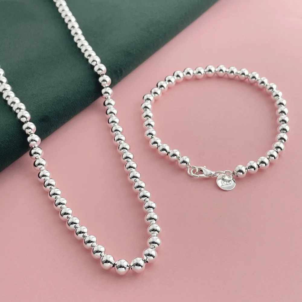 925 Sterling Silber Schmuckset 6 MM buddhistische Perlen Halskette Armband Set Damenmode einfache Geburtstag Hochzeit Schmuck Geschenk – Detail 3