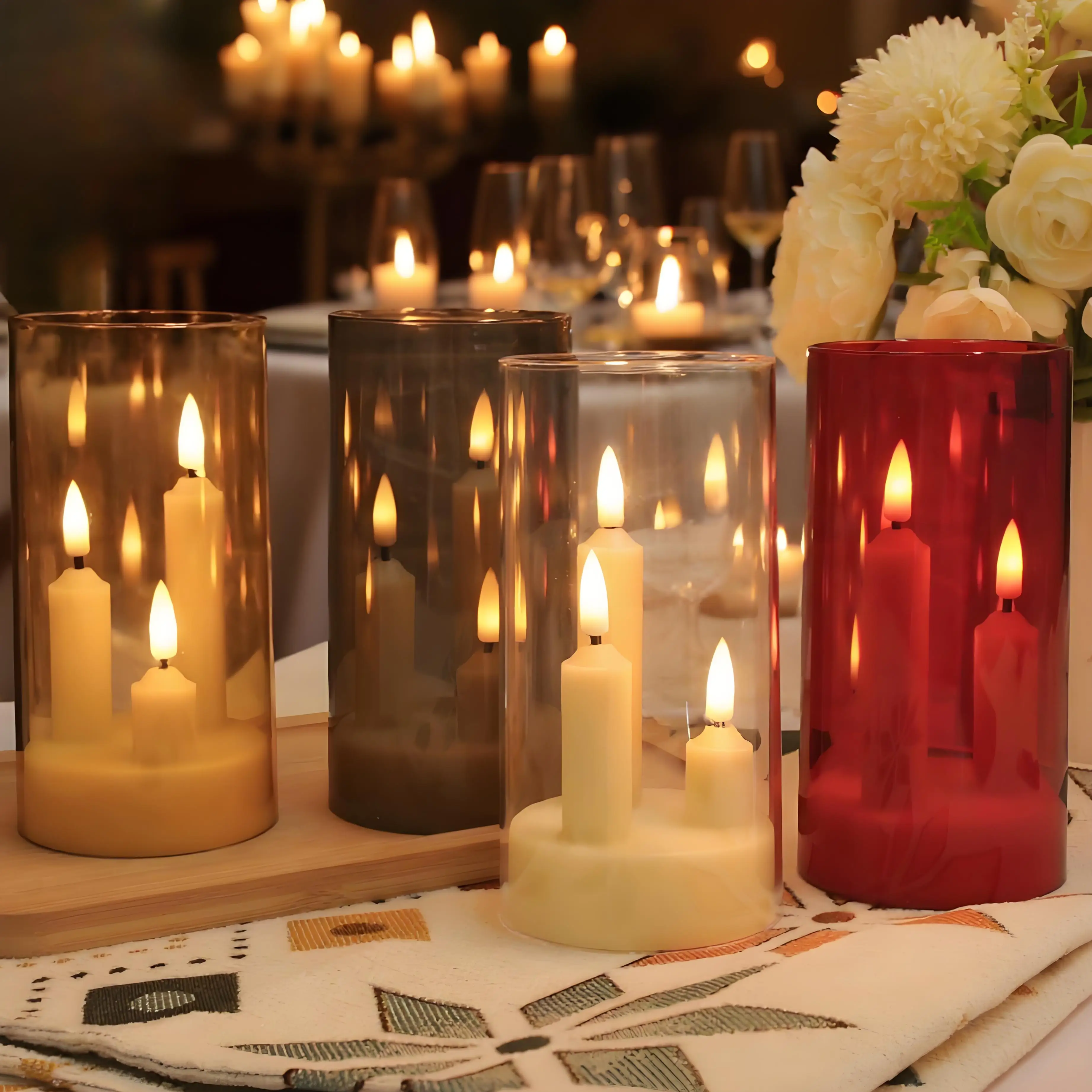 3 in 1 Flameless 5/8/10CM Taper Candles Battery Operated LED Acrylic Pillar Flickering LED Electronic Candles with Lampshade
