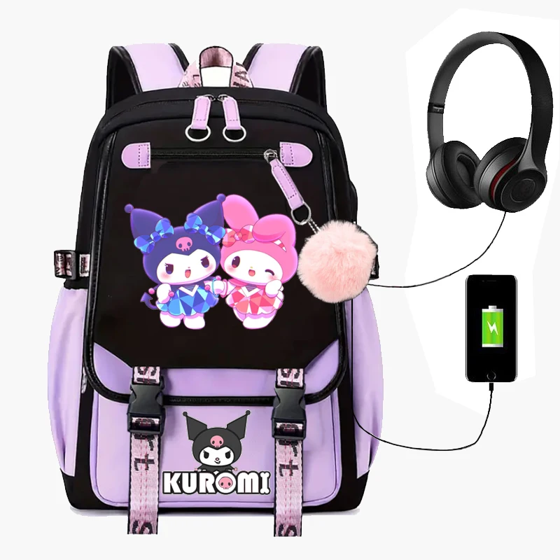 Kuromi-mochila de Anime para niña y niño, morral escolar de retales con USB, color negro y morado, Bolsa Escolar Kawaii para estudiantes, mochila