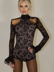 Fantoye Sexy Hollow Out See Through Lace Women Romper Black Long Sleeve Turtleneck Bodysuit Winter Skinny Elegant Party Clubwear