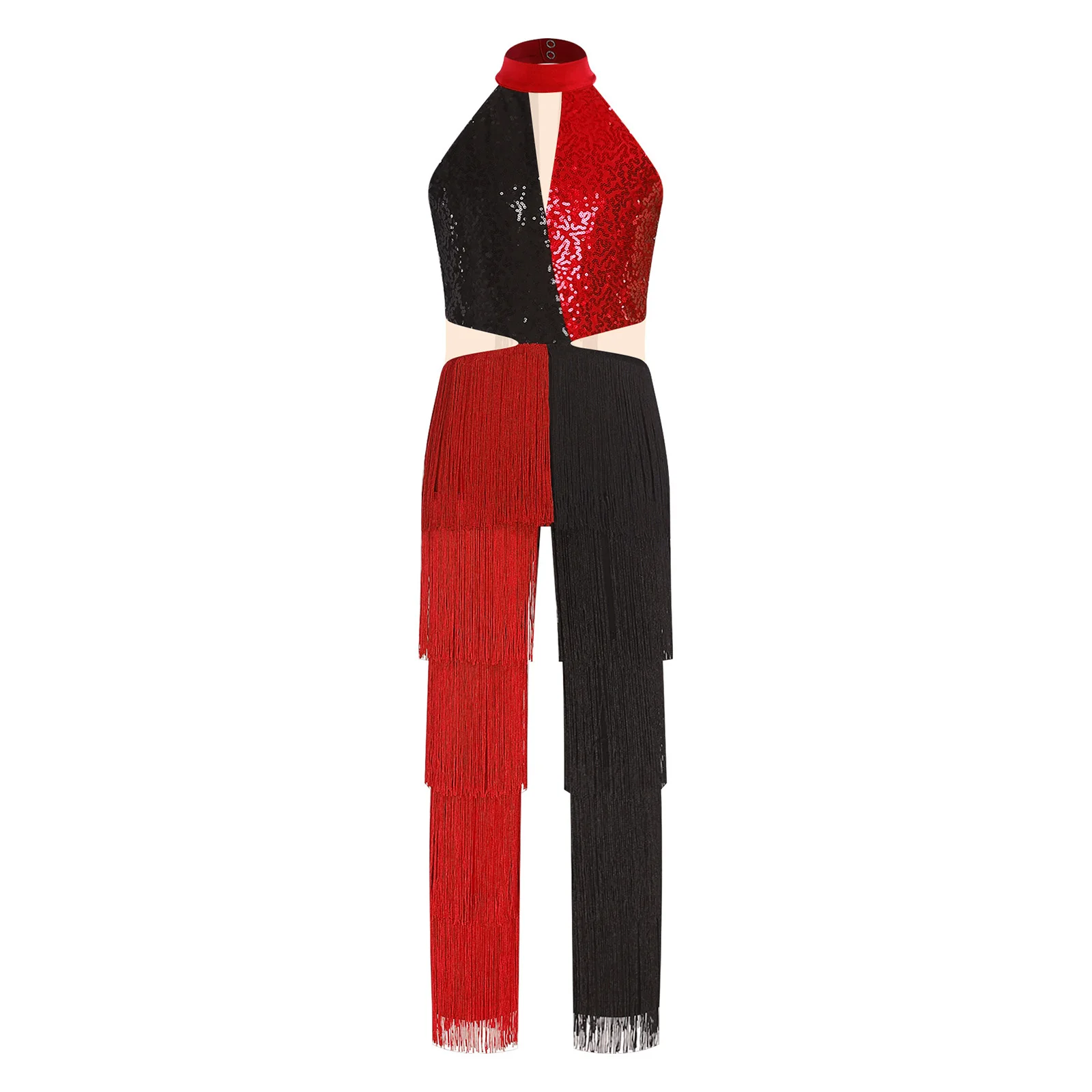 Kids Girls Modern Latin Jazz Dance Jumpsuit Halter Sleeveless Shiny Sequin Tassel Bodysuit Ballroom Tango Salsa Samba Dancewear
