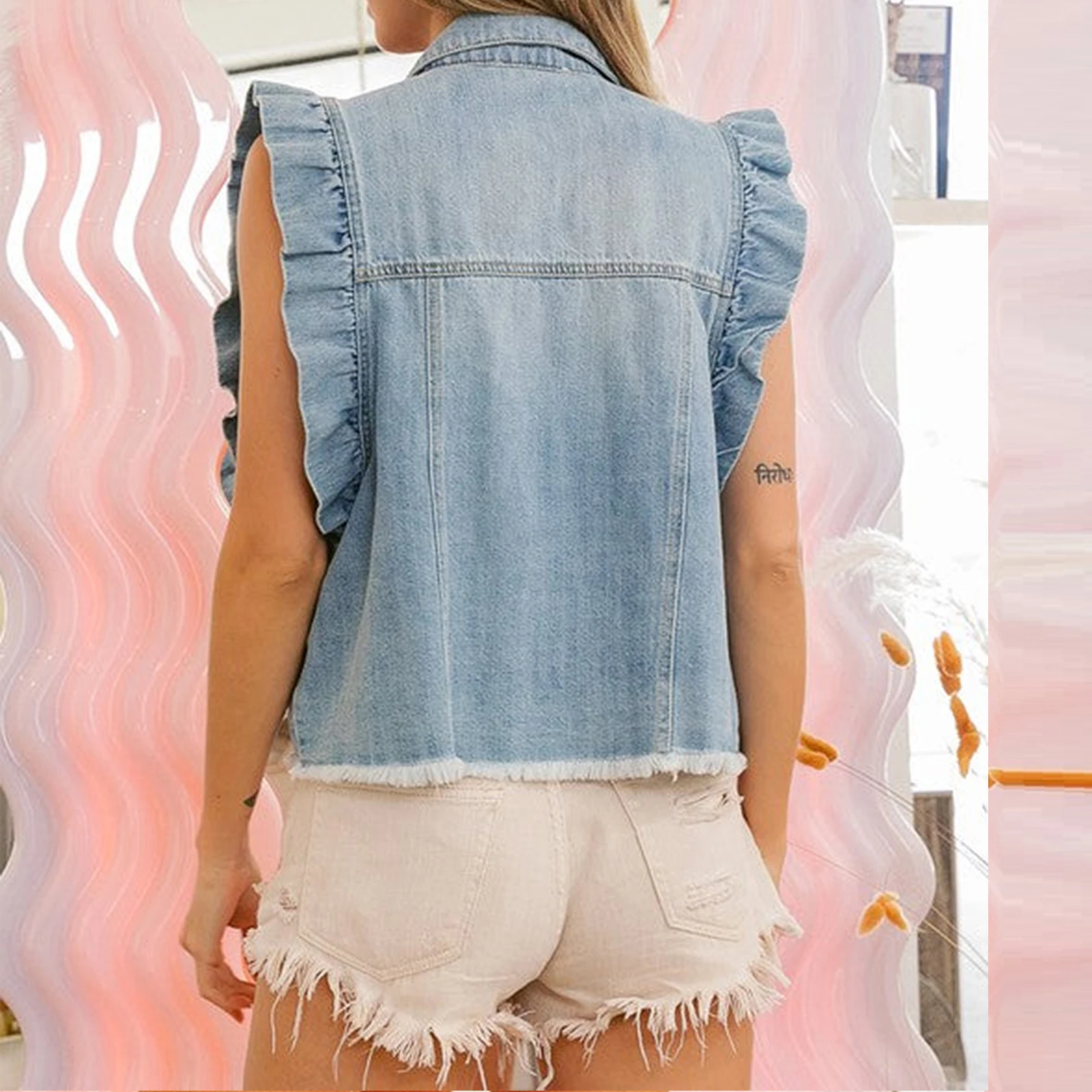 Dames ruches denim vest mode effen kleur mouwloos knoopvest jas voor streetwear bovenkleding