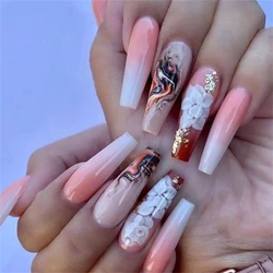 24Pcs Marble Gradient Long Coffin False Nails Full Cover Nail Tips Press Glue Detachable Wearable Gold Foil Ballerina Fake Nails