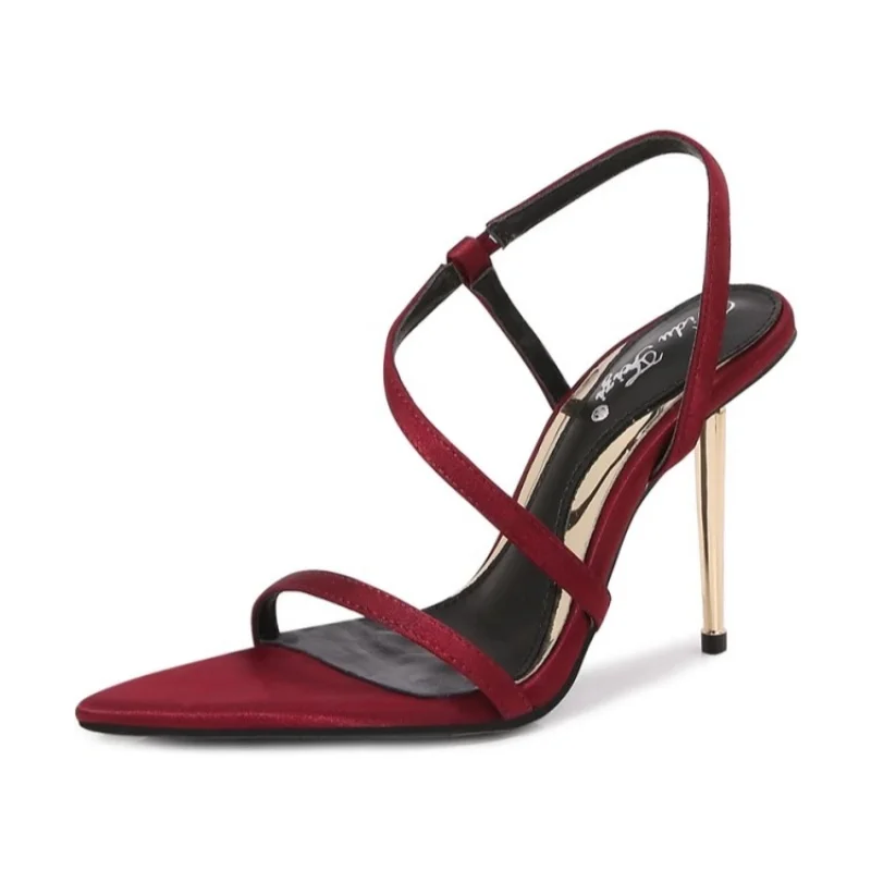 

Summer new silk S with pointed sexy sandals metal stiletto high-heeled banquet dress versatile sheepskin women's sandals