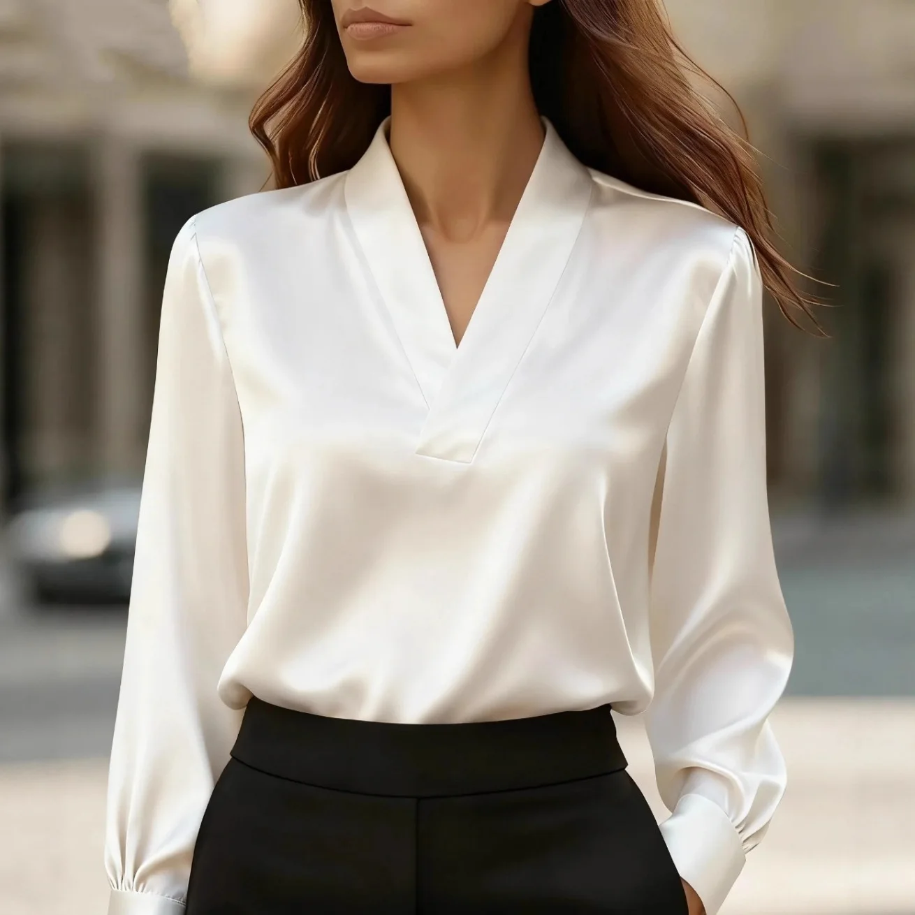 Women V‑Neck Long Sleeve Blouse With Gathered Shoulder Elegant Business Office Working Daily Tops