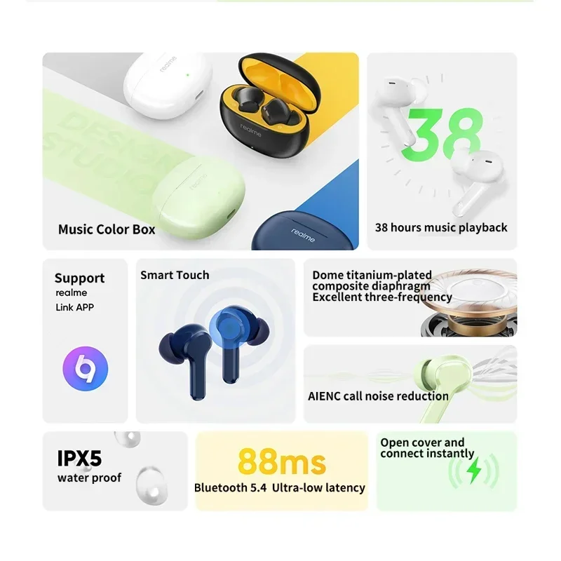 سماعة Realme Buds T110 بلوتوث 5.4 AI ENC سماعة إلغاء الضوضاء IPX5 مقاومة للماء عمر البطارية 38 ساعة 460 مللي أمبير في الساعة