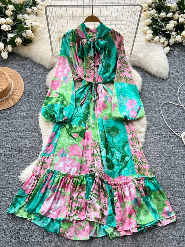 Damski letni sukienka z kwiatowym nadrukiem, bufiaste rękawy, podkreślona talia, siateczkowy design, luksusowa długa sukienka w kształcie litery A, koreański styl.