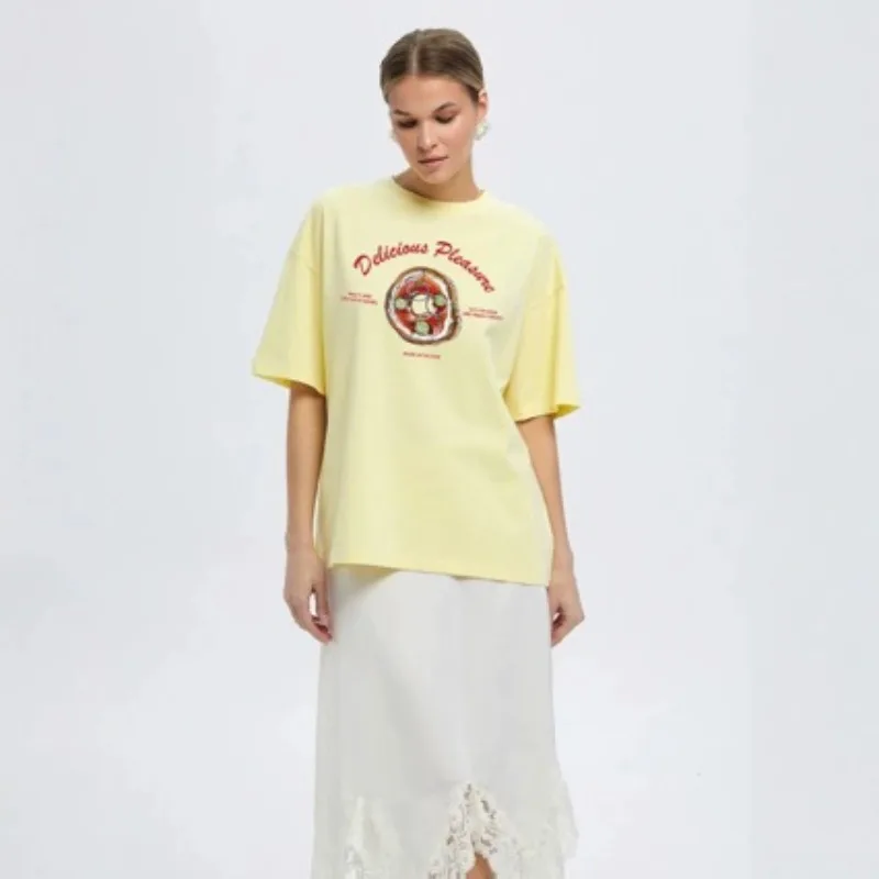 Cute Brunch Pale Yellow Oversized Tee Watercolor Bagel Handwritten Delicious Please Red Script Print Soft Cotton Summer Sweet