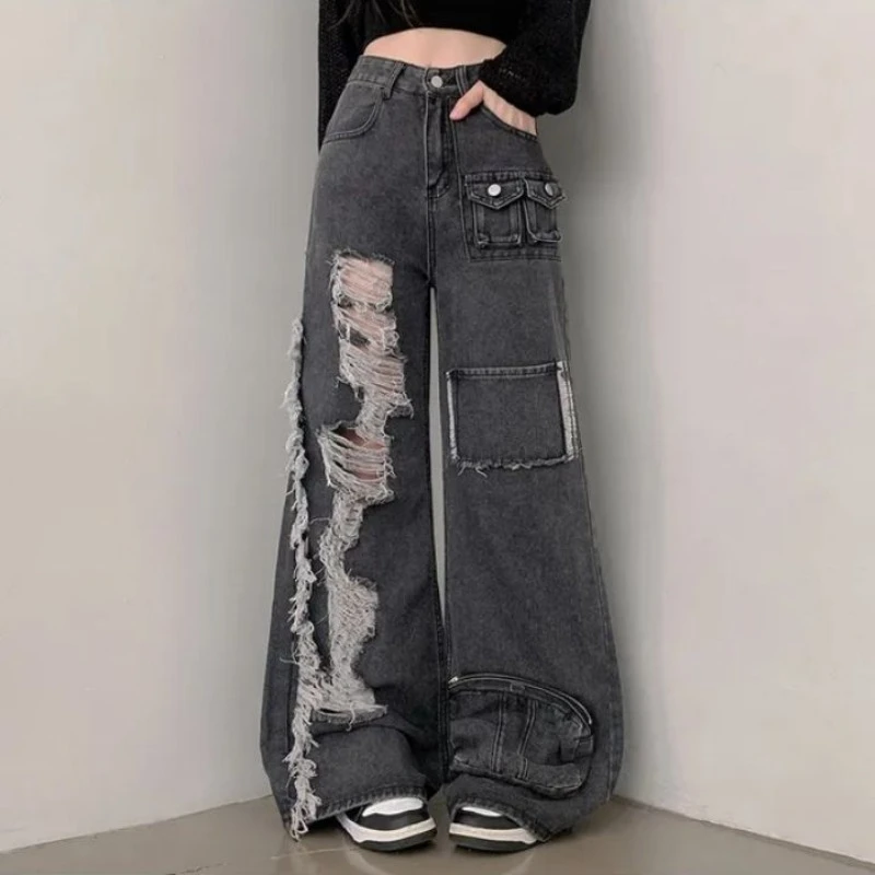 

Ripped Jeans Women Multi-Pocket Loose Full Length Wide Leg Trousers High Street Fashion Versatile Casual Denim Pants Female