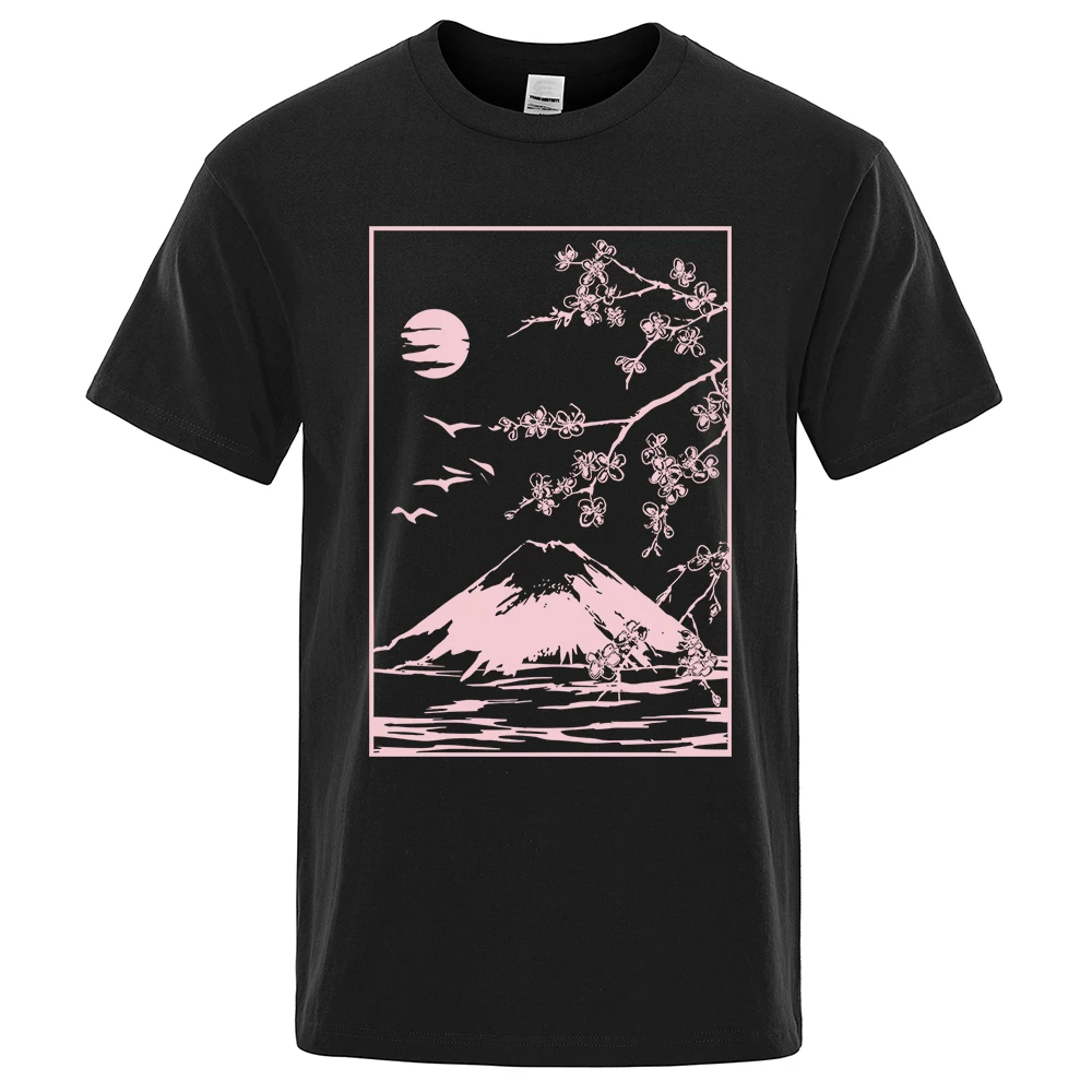 Sakura Mount Fuji Under The Sunset Print Clothes Men Women Cotton T-Shirt Fashion O-Neck T-Shirt Breathable Oversize Tops Summer
