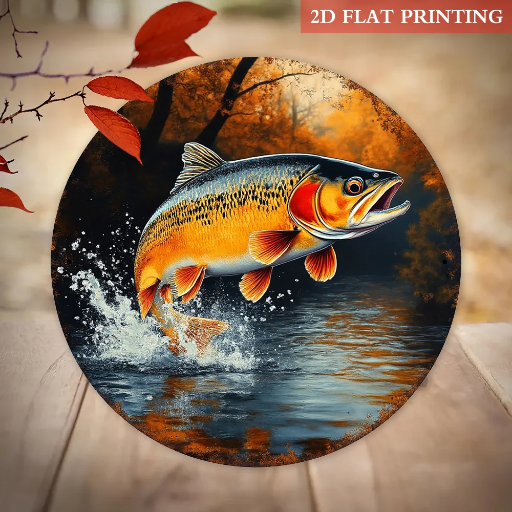 2D Aluminum Metal Sign Featuring a Leaping Trout, Measuring 19.99 Cm in Diameter, Perfect for Vintage Wall Decor in Homes