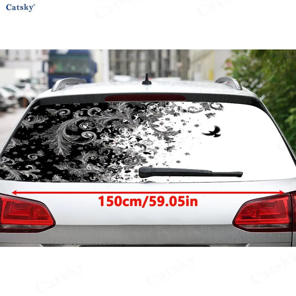 Black & White Ink Splatter Floral Bird PVC Perforated Car Rear Window Vinyl Wrap, Durable Waterproof Car Rear Windshield Sticker
